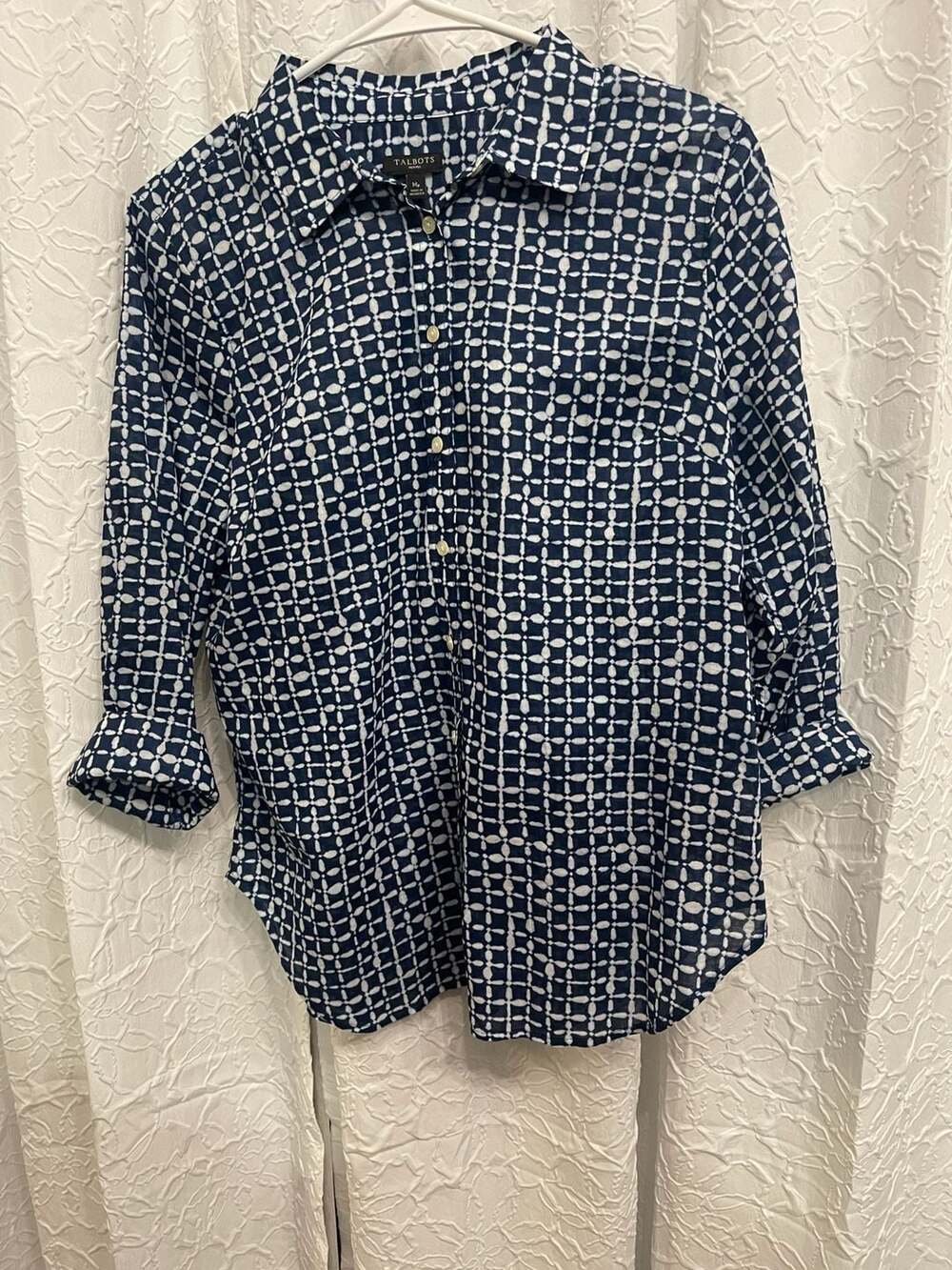 Talbots Button Up Shirt Blouse Mp Blue White Batik Grid Print Cotton Med P